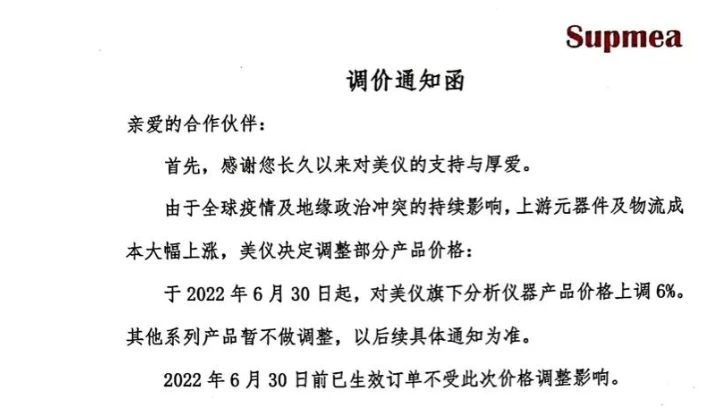 部分产品调价通知